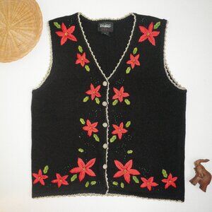 Vintage 1990s Poinsettia with Gold Trim & Beads Black Knit Sweater Vest Designer